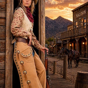 May include: A person in a cowboy hat and western clothing stands in a doorway, holding a rifle. They wear a floral print shirt, vest, and chaps with metal embellishments. The background shows a saloon and a horse, suggesting a Wild West theme.