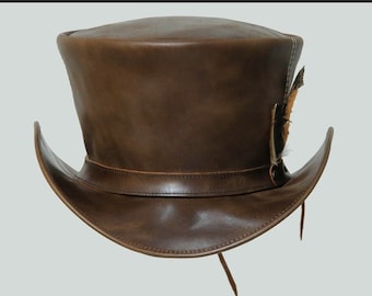 Brown Leather Mad Hatter Top Hat Handcrafted Top Hat Victorian Hat / Steampunk Top Hat Gifts For Him , Gifts For Men