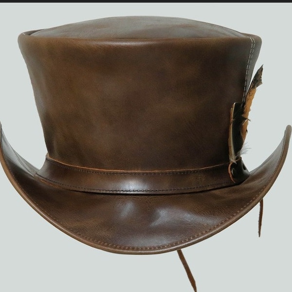 Brown Leather Mad Hatter Top Hat Handcrafted Top Hat Victorian Hat / Steampunk Top Hat Gifts For Him , Gifts For Men