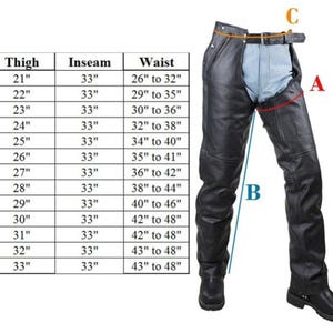 May include: Black leather motorcycle chaps with a size chart. The chart lists sizes from 2XS to 8XL, with thigh measurements from 21 inches to 33 inches, inseam at 33 inches, and waist measurements from 26 to 48 inches.