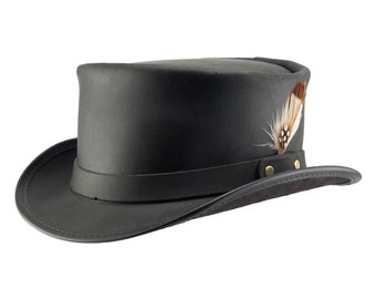 Handcrafted Black Leather Top Hat, Gothic Steampunk Style with Feather Band