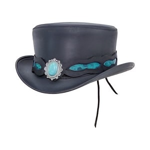 Zwart lederen hoed handgemaakte cilinderhoed Turquoise Stone Band Victoriaanse hoed / Steampunk hoed cadeaus voor haar, cadeaus voor vrouwen