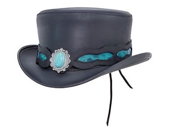 Black Leather Hat Handcrafted Top Hat Turquoise Stone Band Victorian Hat / Steampunk Hat Gifts For Her , Gifts For Women
