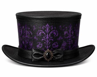 Handmade Black Leather Top Hat with Purple Victorian Floral Design, Gothic Elegant Costume Hat, Halloween Party Hat, Unisex Festival Wear