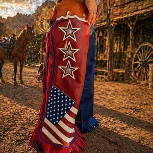 May include: Red leather chaps with white star and American flag designs. The chaps have a fringe along the bottom and are worn by a person standing near a saloon.