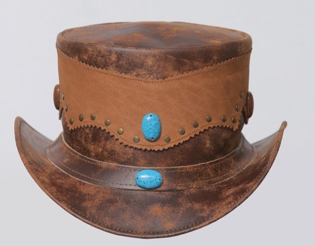 Distress Brown Leather Top Hat Handcrafted Western Stone Etsy