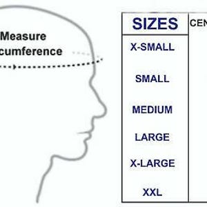 May include: A sizing chart for head circumference featuring a line drawing of a human head profile with a dashed line indicating where to measure. The table lists sizes from X-SMALL to XXL with corresponding measurements in centimeters from 54 to 62.