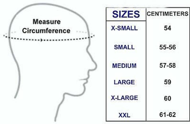 May include: A sizing chart for head circumference featuring a line drawing of a human head profile with a dashed line indicating where to measure. The table lists sizes from X-SMALL to XXL with corresponding measurements in centimeters from 54 to 62.