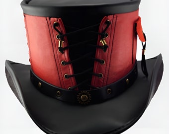 Black & Red Leather Top Hat Handcrafted Top Hat Corset Style Gothic Hat / Steampunk Top Hat Gifts For Him , Gifts For Men