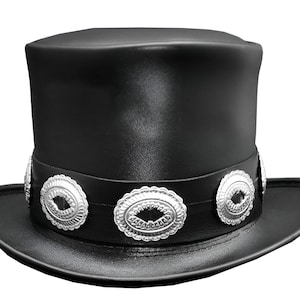 Rocker zwarte leren cilinderhoed handgemaakte leren hoed, conchos-stijl band gotische hoed / steampunk cilinderhoed cadeaus voor hem, cadeaus voor mannen