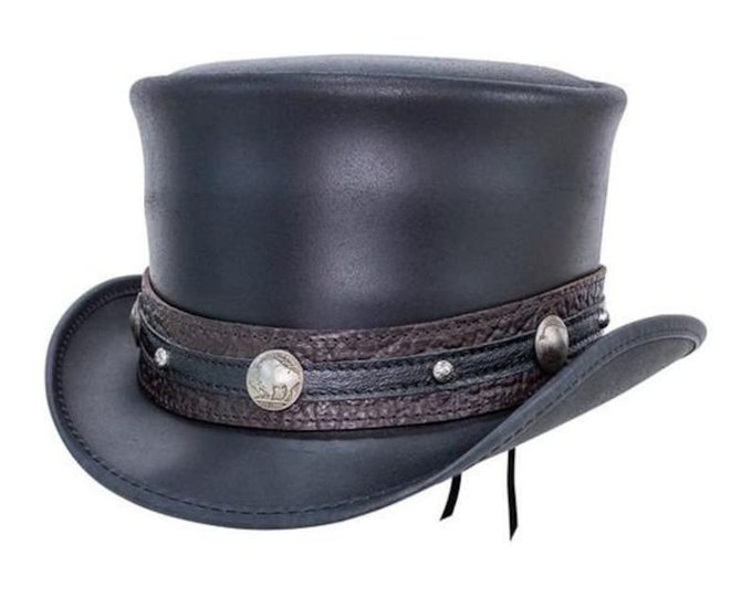 Black Leather Top Hat Handcrafted Top Hat Bull Nickle Style Band Victorian Hat, Steampunk Top Hat  Gothic Top Hat Gift For Him ,Gift For Men