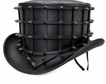 Black Leather Spiked Cage Top Hat, Gothic Steampunk Style, Handcrafted Real Leather