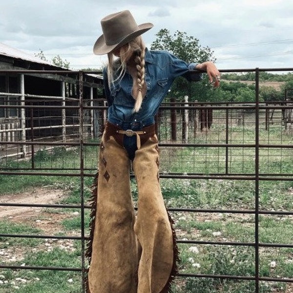 Pantalon en cuir suédé style cow-girl amérindien pour femme, style rodéo, chap pour dames Western Buck en daim, cadeaux pour elle