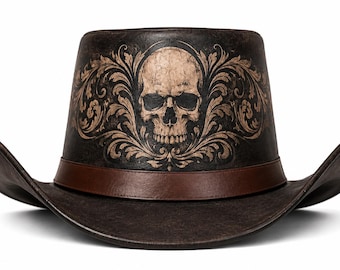 Brown Leather Top Hat, Skull Print Western Hat, Handmade Gothic Leather Hat, Victorian Style Costume Hat, Festival Cosplay Hat