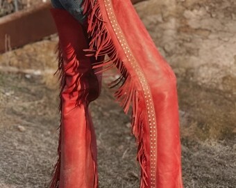 Ladies Hand Crafted Native American Cowgirl Style Suede & Leather Pant Rodeo Style Ladies Chap Western Buck Suede Gifts For Her