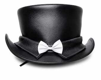 Handcrafted Black Leather Top Hat, Gothic Steampunk Style, Bow Tie Band