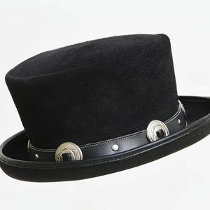 Rocker Black Suede Leather Top Hat Handcrafted Leather Hat , Conchos ...