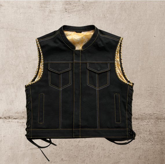 Men Jeans Club Vest Black Denim SOA Golden Paisley Vest,men Biker