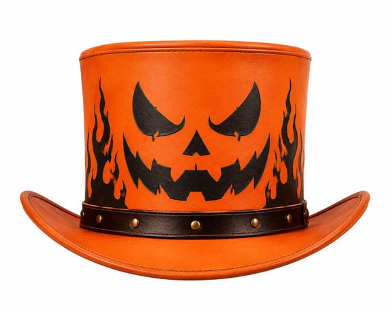 Orange Leather Top Hat, Flaming Jack O Lantern Hat, Handmade Gothic Top Hat, Victorian Leather Hat, Halloween Cosplay Costume Hat