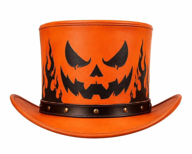May include: An orange top hat featuring a black jack-o'-lantern face graphic on the front and black flame patterns on the sides. The hat includes a dark brown leather-like band around the base decorated with small metallic studs along the brim.