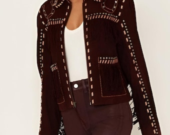 Women's Country Side Style Fringes Leather Jacket Brown Suede Leather Jacket, Ladies Leather Jacket ,Cowgirl Western Jacket- Gifts For Her