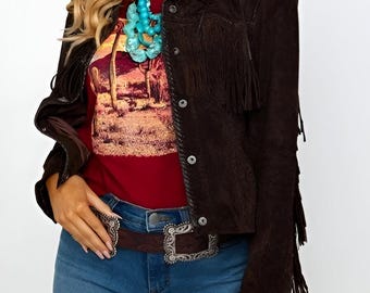 Women's Vintage Fringe Leather Jacket Dark Brown Suede Leather Jacket,Beaded Ladies Cowgirl Leather Jacket , Western Jacket- Gifts For Her