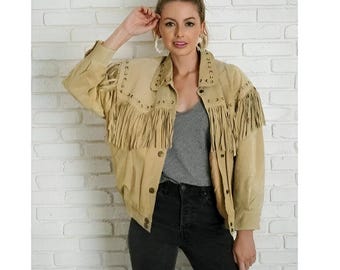 Women's Vintage Fringe Leather Jacket Beige Suede Leather Jacket,Rings Style Braided Ladies Leather Jacket , Western Jacket- Gifts For Her