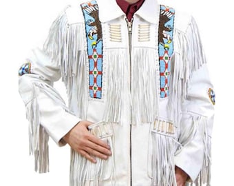 Men Vintage Style Fringe White Leather Jacket Cowhide Leather Jacket, Men Cowboy Leather Jacket Country Side  Western Jacket- Gifts For Him