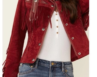 Women's Vintage Fringe Leather Jacket Suede Leather Jacket,Braided Ladies Leather Jacket ,Country Side Western Jacket- Gifts For Her