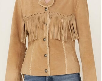 Women's Vintage Fringe Leather Jacket Tan Brown Suede Leather Jacket, Ladies Leather Jacket , Western Jacket- Gifts For Her