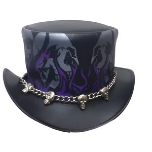 Black Leather Top Hat Handcrafted Leather Hat ,Skull Chain Style Band Gothic Hat / Steampunk Top Hat Gifts For Him , Gifts For Men
