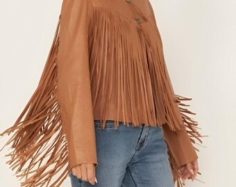 Ladies Fringes Vintage Style Tan Brown Leather Jacket Leather Jacket, Ladies Leather Jacket , Western Cowgirl Jacket- Gifts For Her