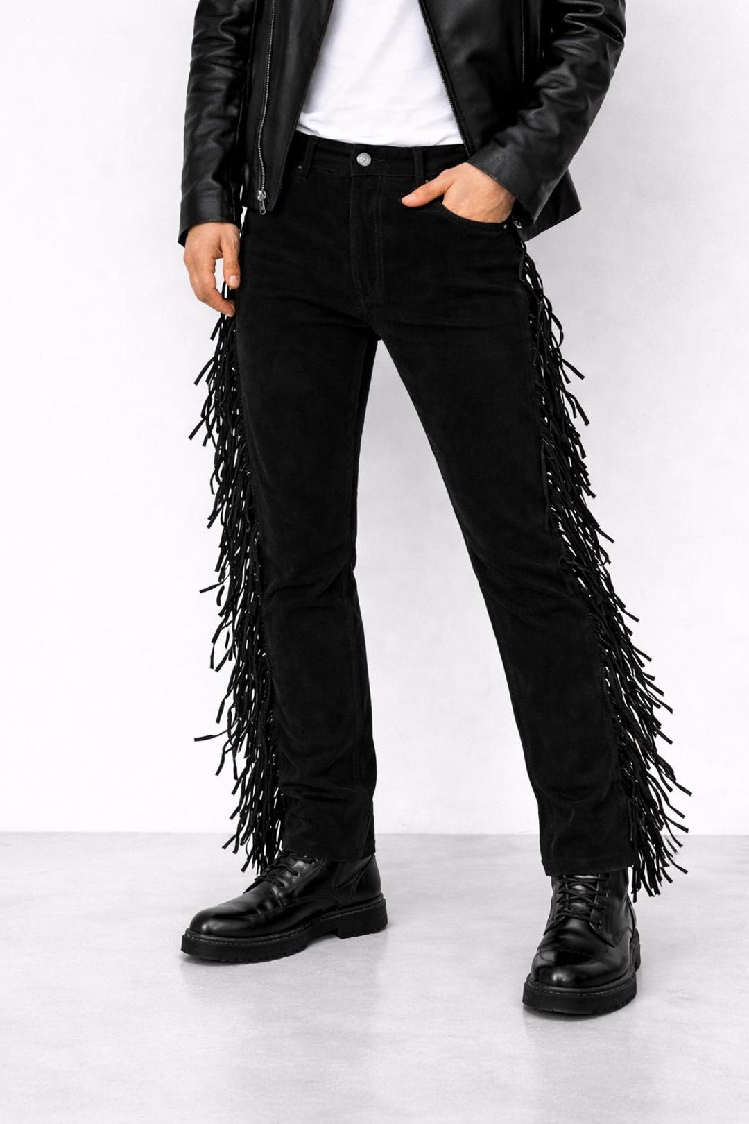 Black Men's Hand Crafted Pant Native American Cowboy Chap Style Suede ...