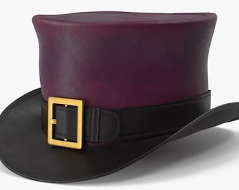 Purple & Black Leather Top Hat Handcrafted Buckle Style Band Gothic Hat / Steampunk Top Hat Gifts For Him , Gifts For Men