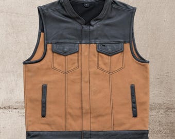 Chaleco de cuero para hombre, estilo club, de lona color tostado, SOA, para motociclista. Regalo para él.