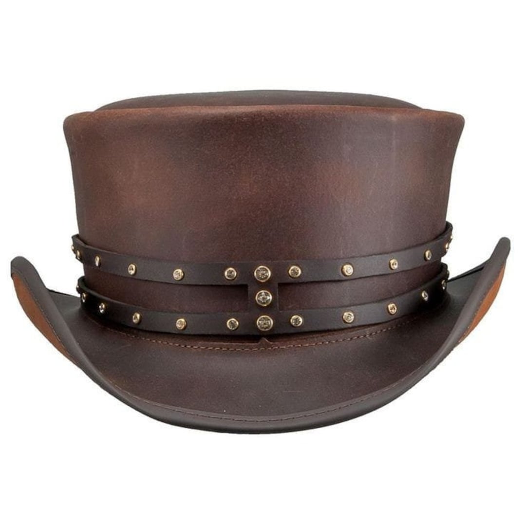 Brown Leather Top Hat Handcrafted Top Hat Rivet Style Band Gothic Hat