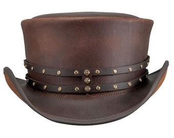 Brauner Leder Zylinder Handgefertigter Zylinder Nieten Stil Band Gothic Hut / Steampunk Zylinder Geschenke für Ihn, Geschenke für Männer