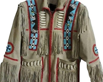 May include: A tan suede jacket with fringe and beaded accents. The jacket features a zipper closure and a Native American inspired design with an eagle motif.