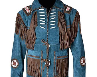 May include: A blue suede jacket with brown fringe and decorative stitching. The jacket has a zipper closure and a tie at the waist.
