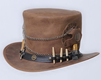 Brown Leather Top Hat Handcrafted Leather Hat ,Time Traveller Style Band Gothic Hat / Steampunk Top Hat Gifts For Him , Gifts For Men
