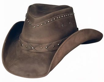Brown & Black Leather Cowboy Hat Handcrafted , Braided Revit Style Band Western Hat Cowgirl Hat / Rodeo Hat Gifts For Him , Gifts For Men