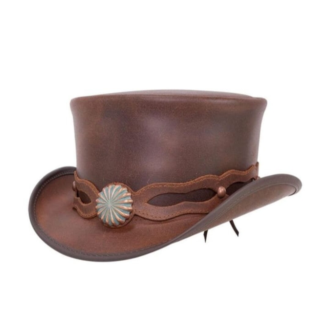 Brown Leather Top Hat Handcrafted Top Hat Conchos Style Band Victorian