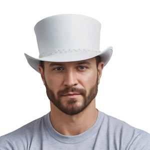 White Leather Hat Ghost Rider Style Top Hat Handcrafted Top Hat Braided Band Gothic Hat / Steampunk Top Hat Gifts For Him , Gifts For Men