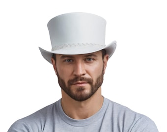 White Leather Hat Ghost Rider Style Top Hat Handcrafted Top Hat Braided Band Gothic Hat / Steampunk Top Hat Gifts For Him , Gifts For Men