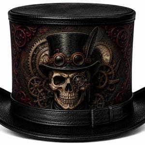 Puede incluir: Un sombrero de copa negro con una banda de textura similar al cuero y un estampado central de una calavera que lleva un sombrero de copa más pequeño con gafas y una pluma. El fondo muestra intrincados engranajes y relojes de color bronce.