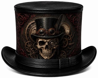 Handmade Black Leather Steampunk Skull Top Hat, Gothic Victorian Cosplay Hat, Clockwork Gear Printed Leather Costume Hat, Unisex
