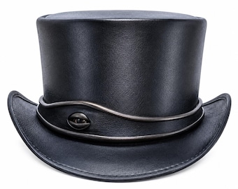 Hand Crafted Black Leather Top Hat, Victorian Steampunk Eye Band Style Cowboy Hat