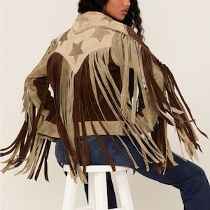 Stars Style chaqueta de cuero vintage con flecos para mujer, chaqueta de cuero de ante, chaqueta de cuero para damas, chaqueta occidental, regalos para ella