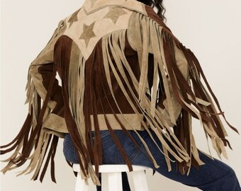 Stars Style Women's Vintage Fringe Leather Jacket Suede Leather Jacket, Ladies Leather Jacket , Western Jacket- Gifts For Her