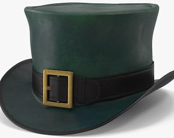 Green & Black Leather Top Hat Handcrafted Buckle Style Band Gothic Hat / Steampunk Top Hat Gifts For Him , Gifts For Men